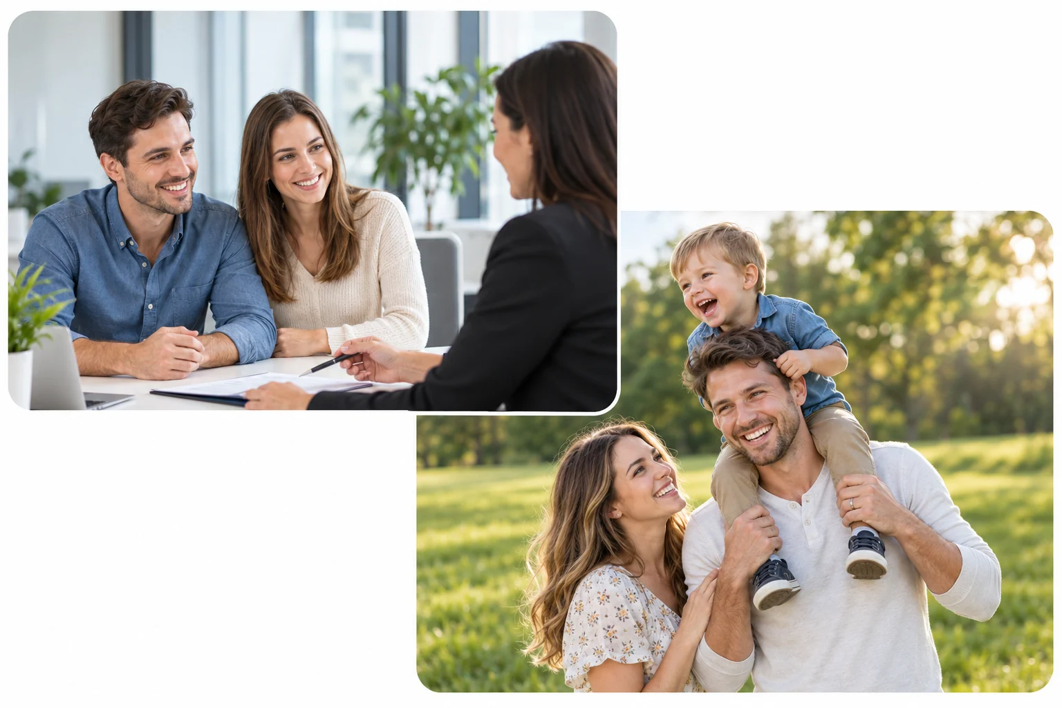 A couple discussing coverage and a family spending time together