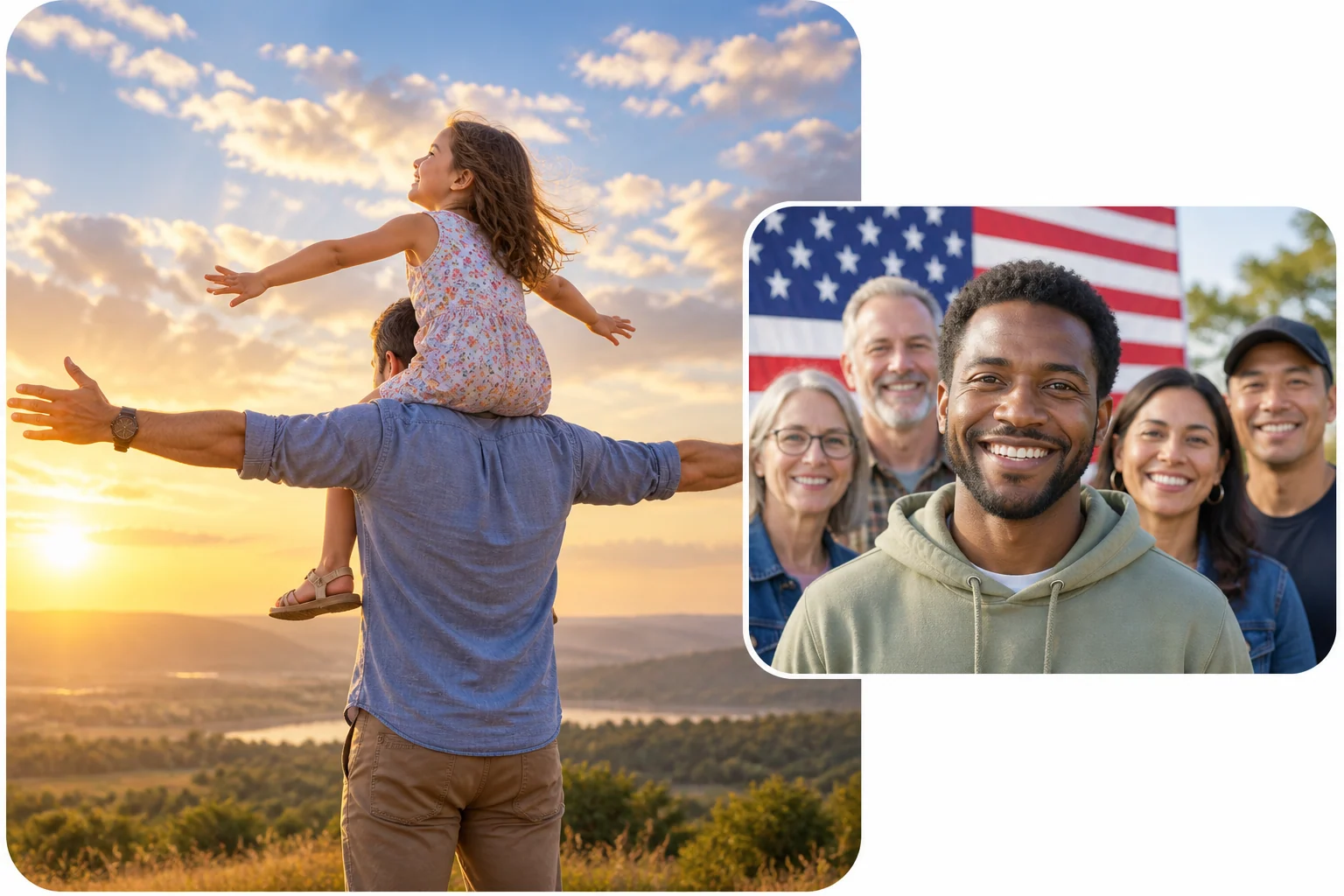 A father with his child and Americans with their flag