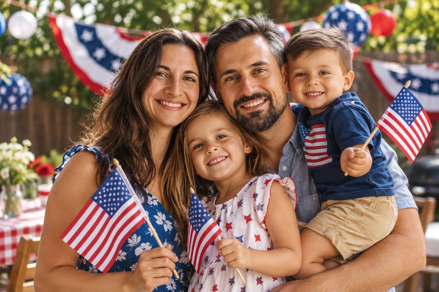 A family holding American flags